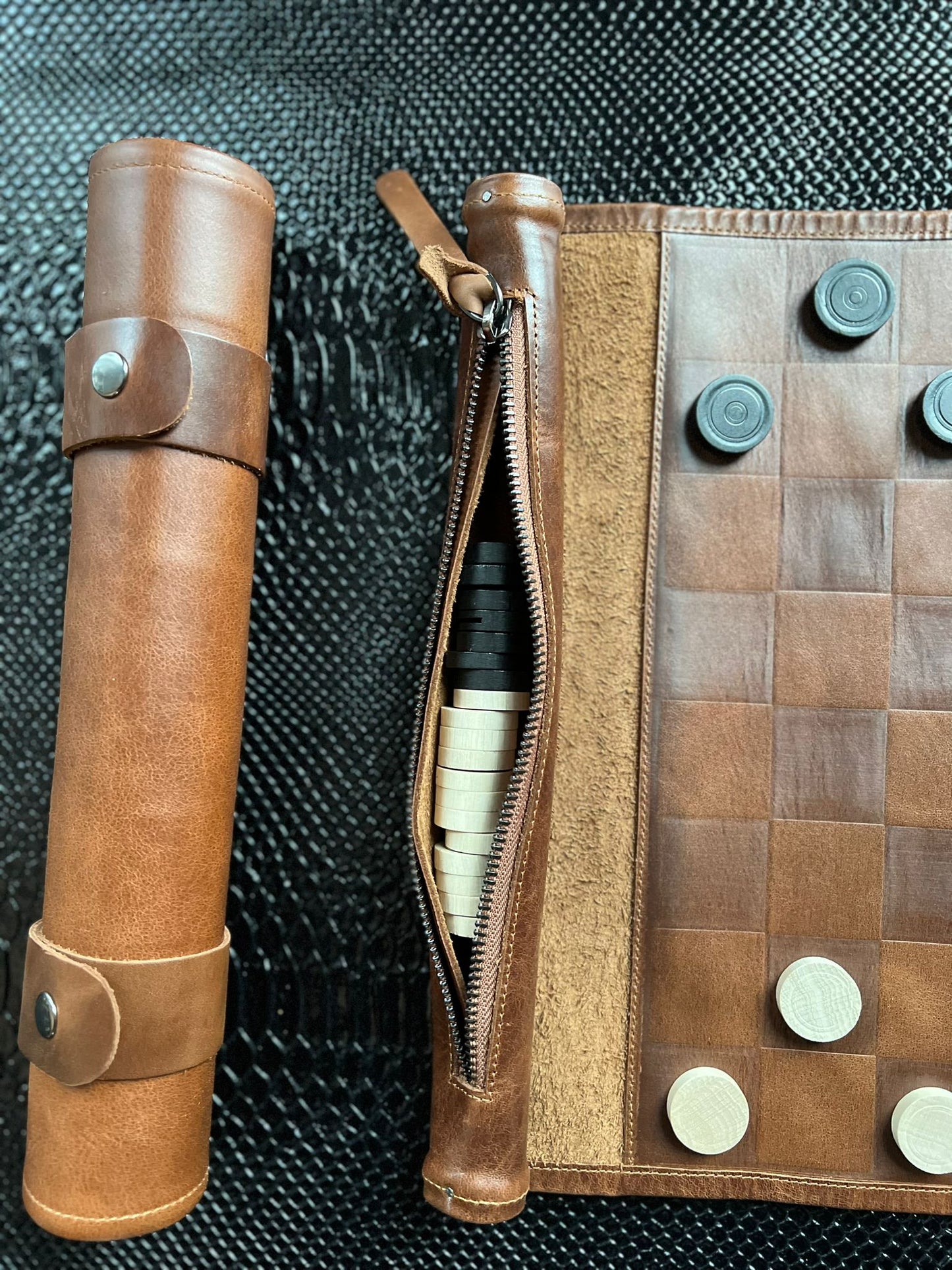 Roll Up Leather Checkers Set