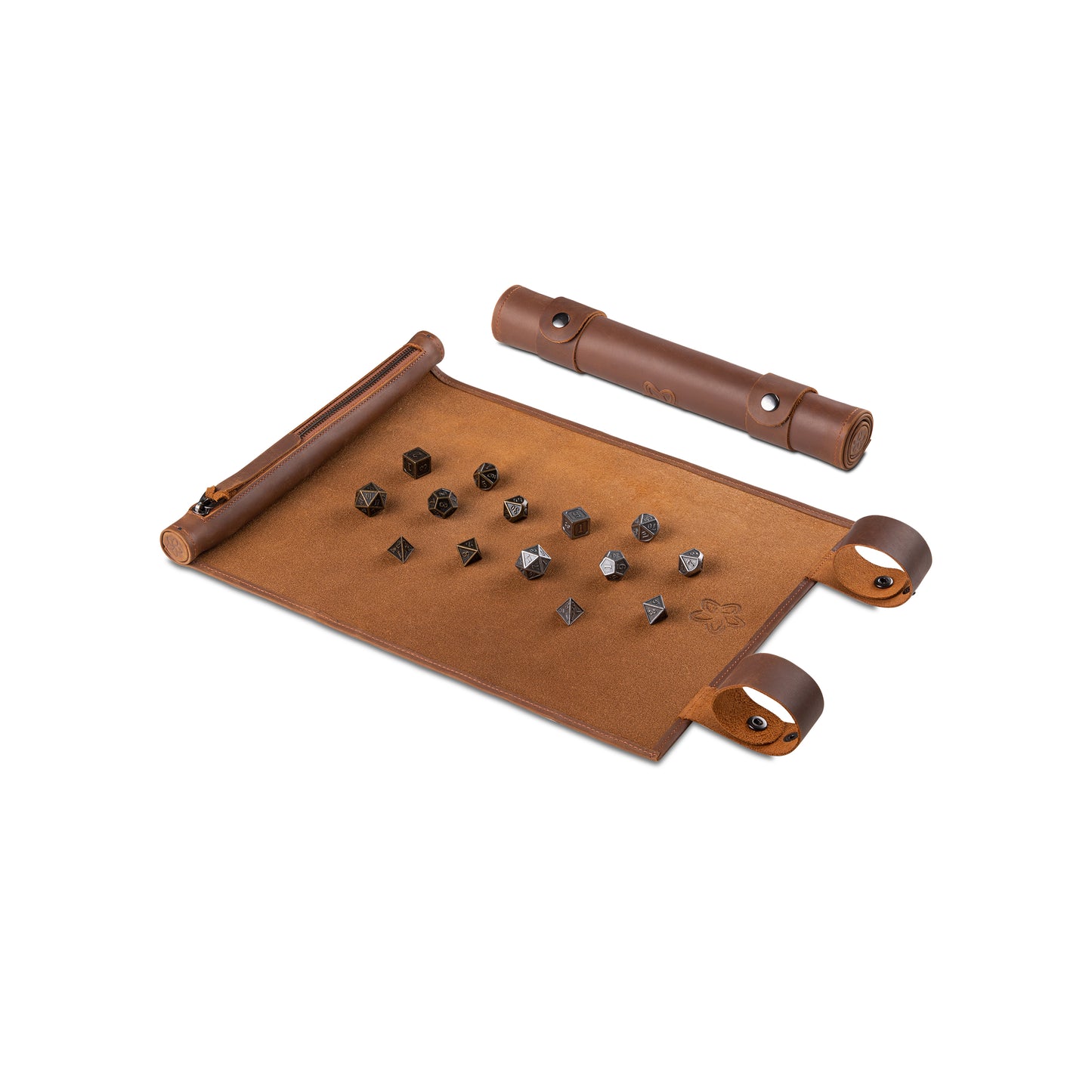 Roll Up RPG Dice Mat including Bronze + Iron metal set - Tobacco