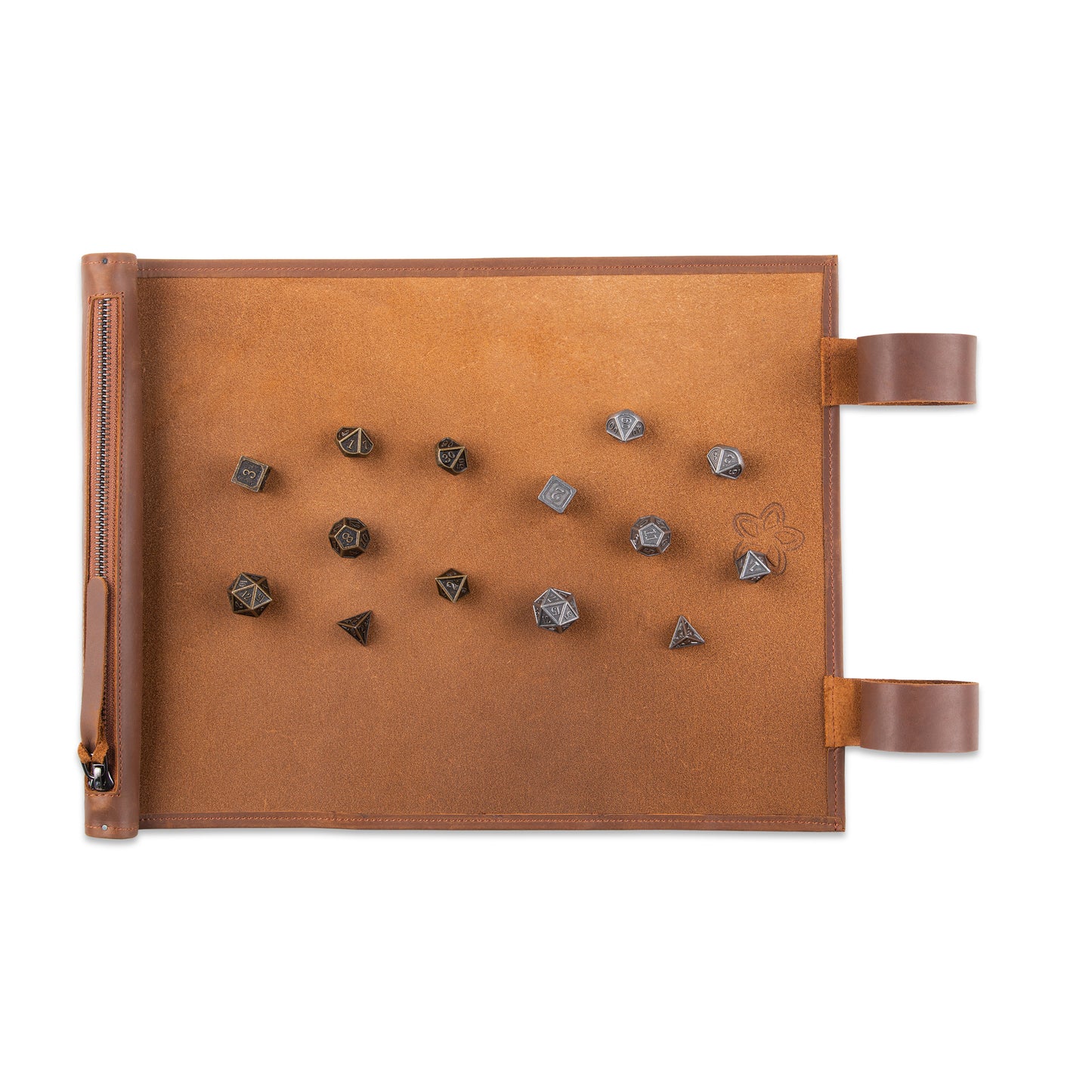 Roll Up RPG Dice Mat including Bronze + Iron metal set - Tobacco