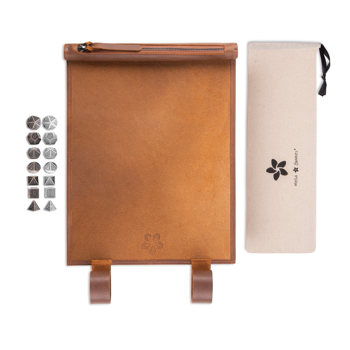 Roll Up RPG Dice Mat including Bronze + Iron metal set - Tobacco