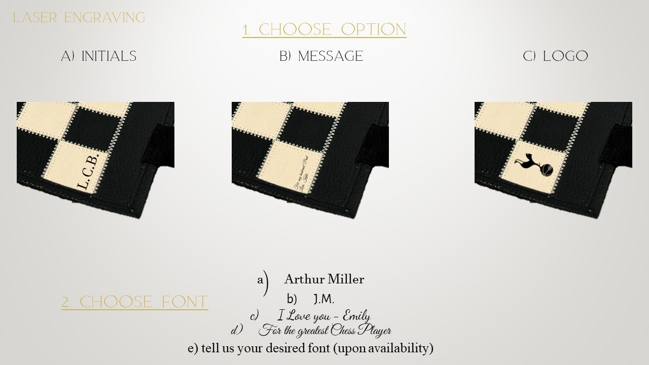 Laser engraving examples on the Moonlight leather chess board showing personalised initials and logo placement