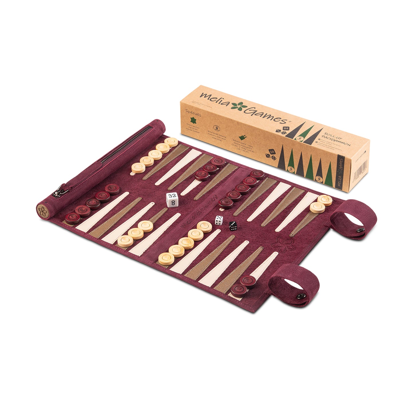Roll up Leather Backgammon Set - Bordeaux - Travel