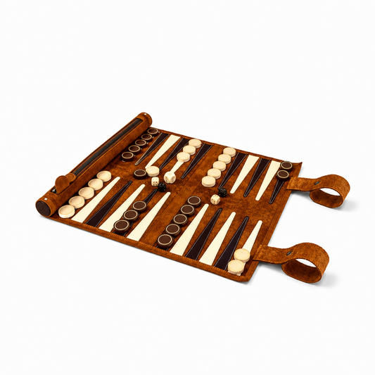 Roll-Up Backgammon-Set aus Leder – Whiskey