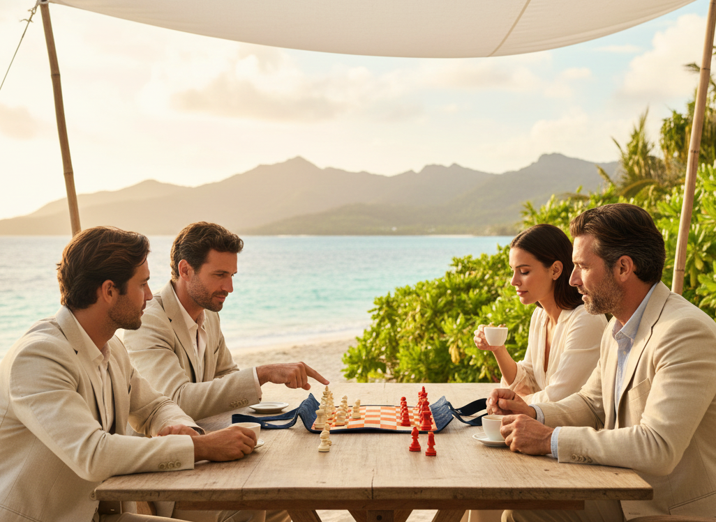 Four people playing chess outdoors by the sea with mountains in the background