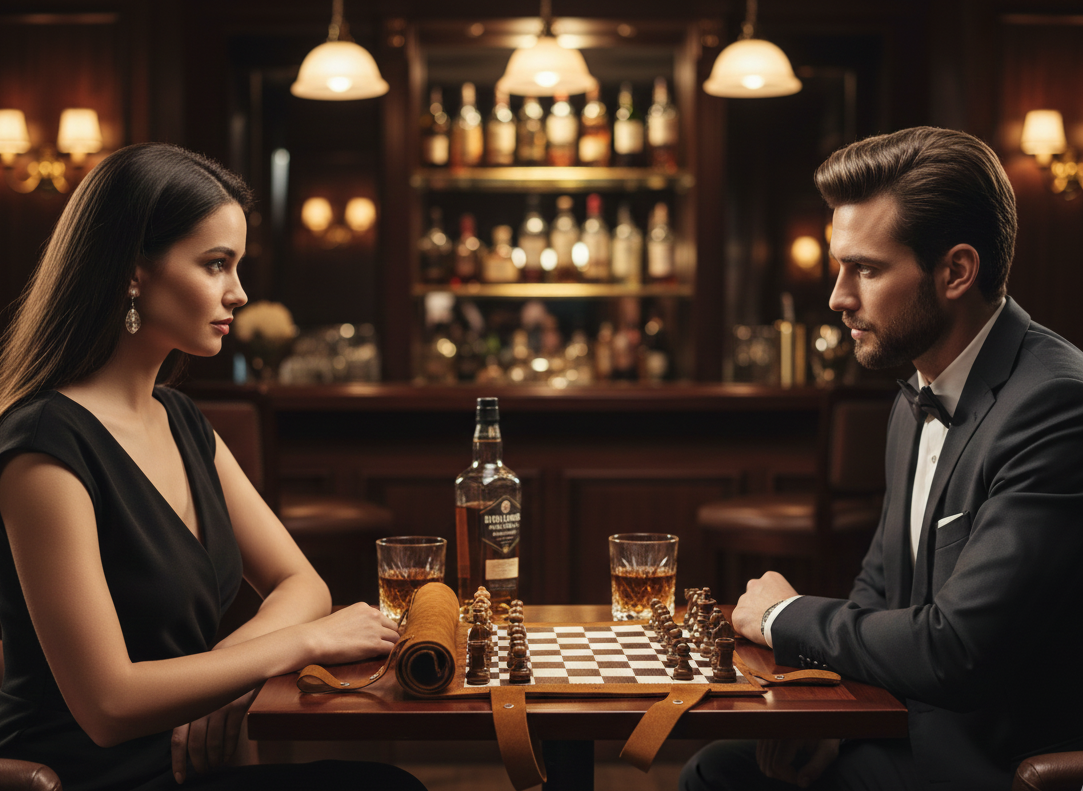 Roll Up Magnetic Leather Chess Set - Whiskey