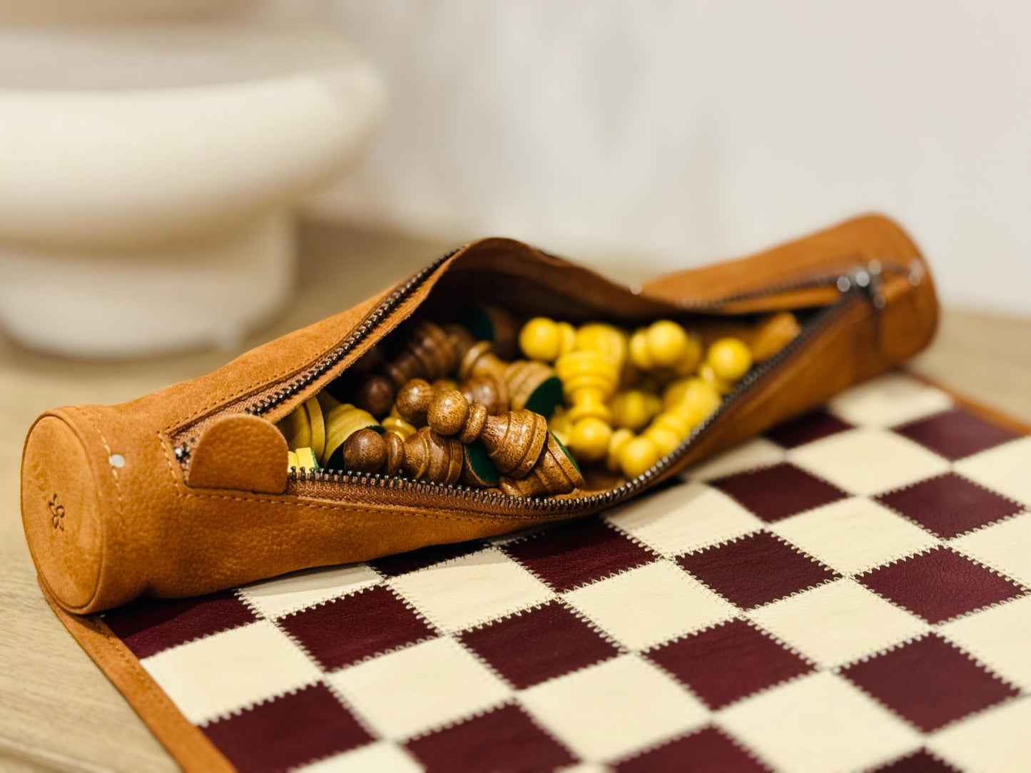 Roll Up Magnetic Leather Chess Set - Whiskey