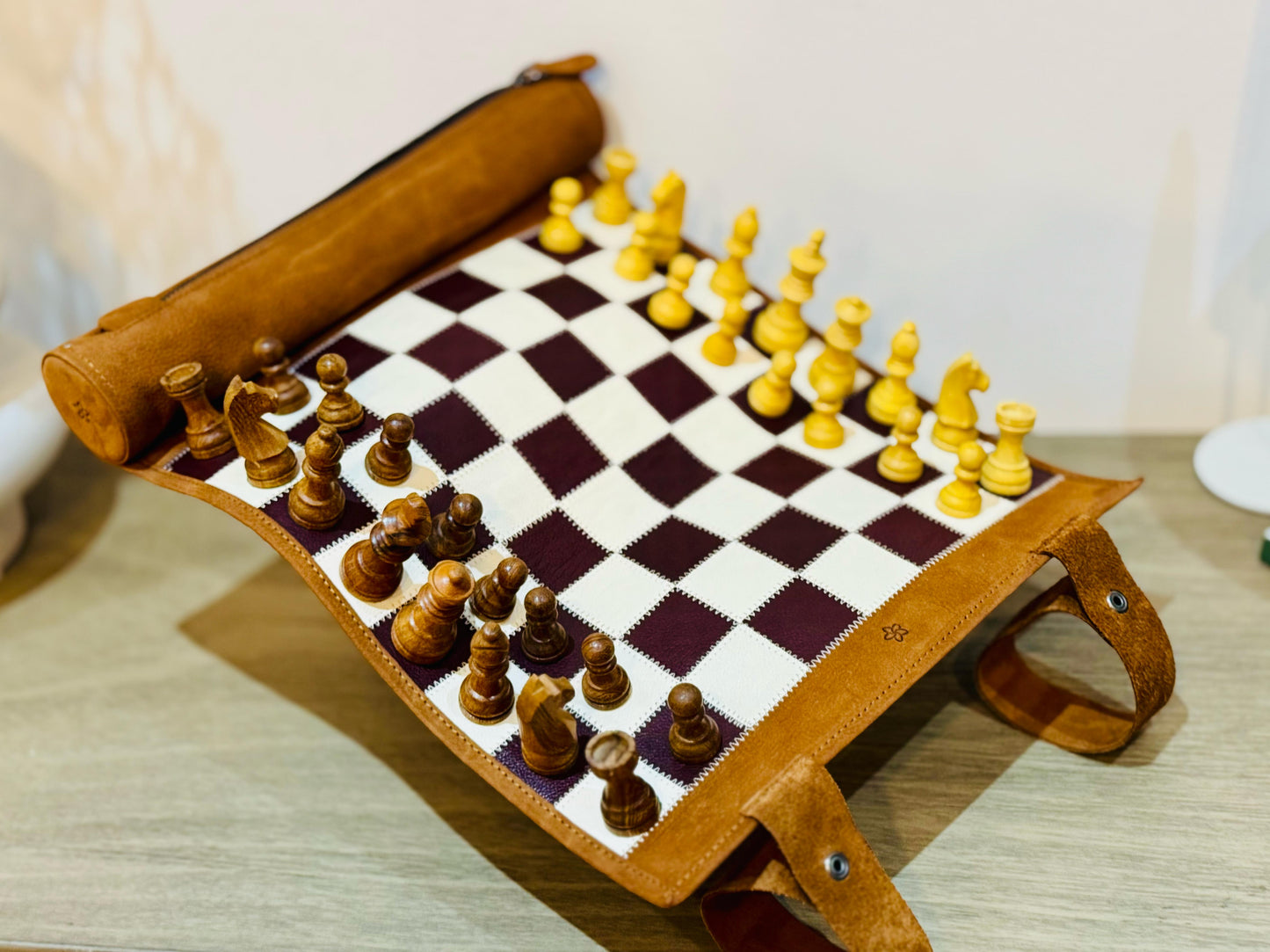Roll Up Magnetic Leather Chess Set - Whiskey