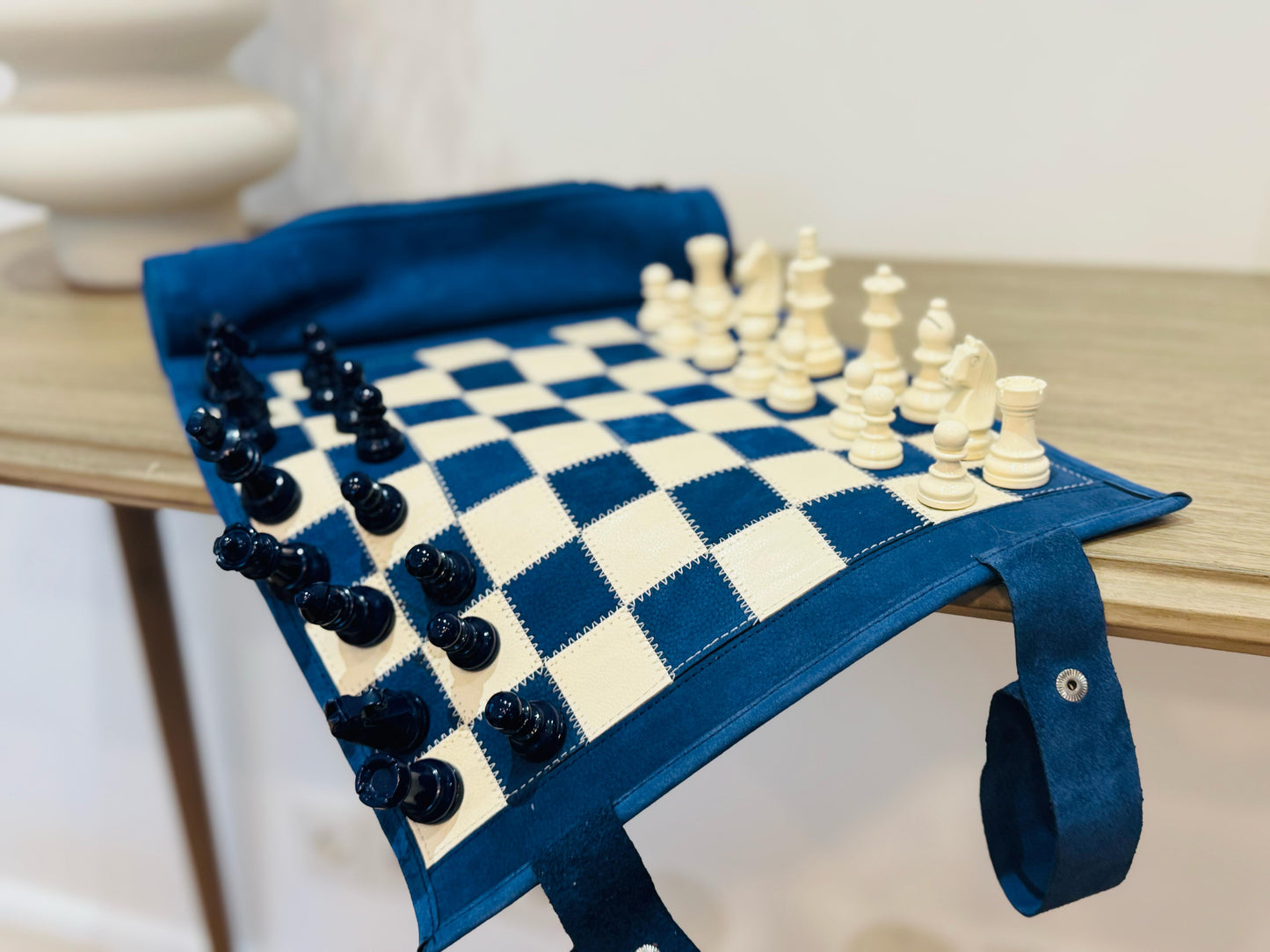 Roll Up Magnetic Leather Chess Set - Ocean Blue
