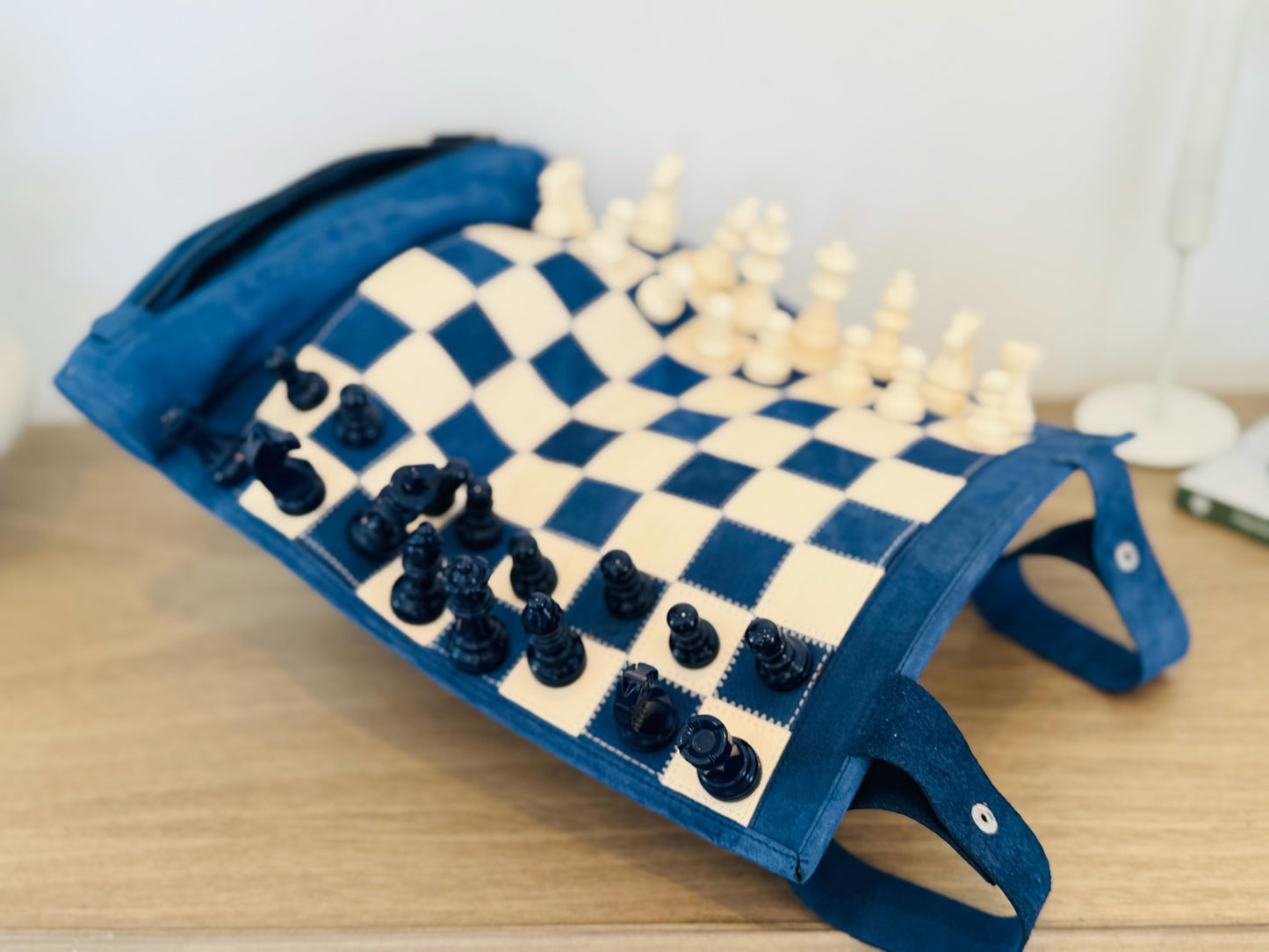 Roll Up Magnetic Leather Chess Set - Ocean Blue