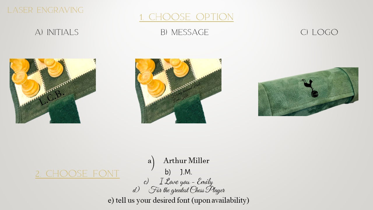 Product engraving specifications for the MELIA Celtics magnetic leather chess set