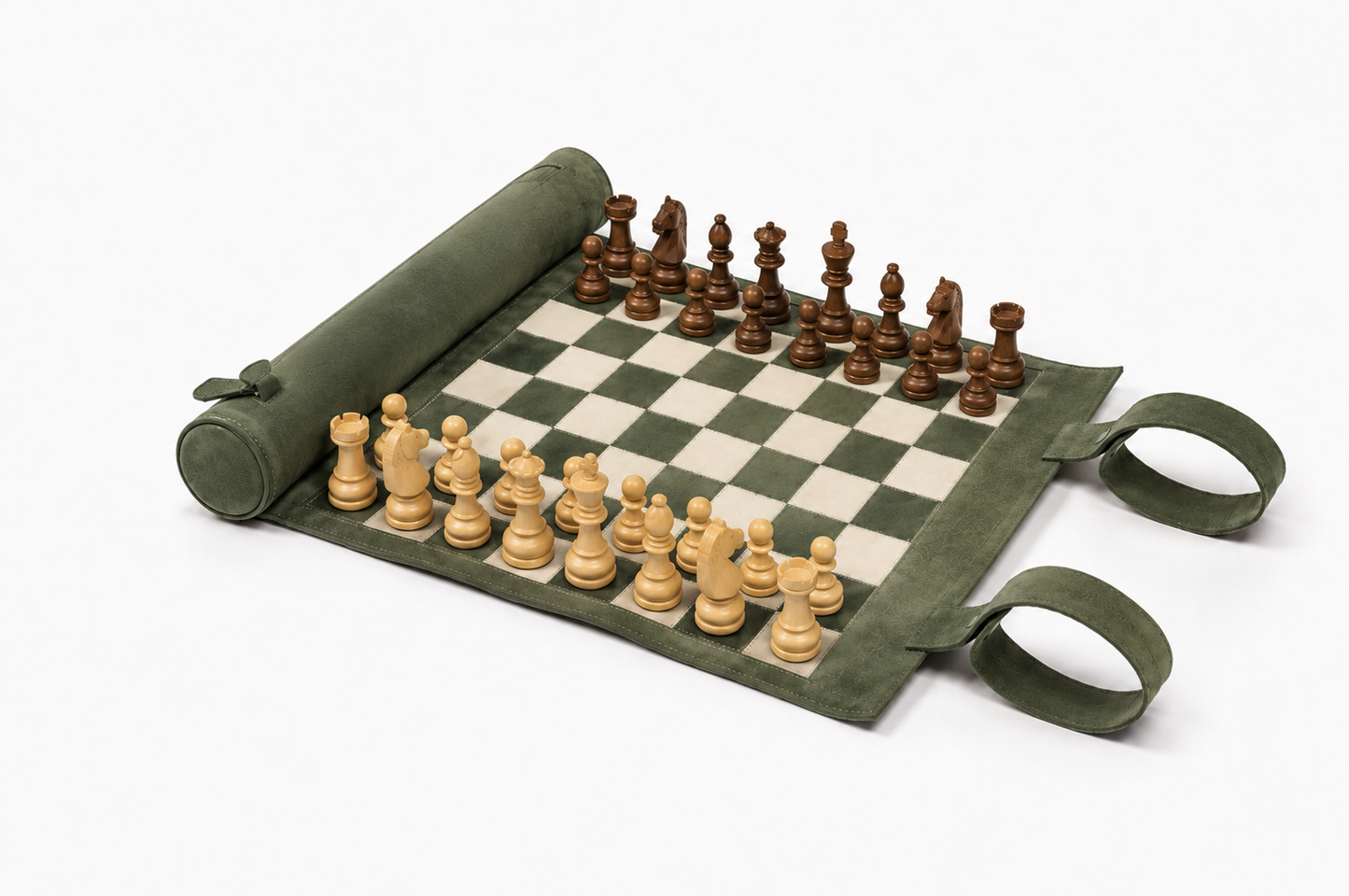 Celtics magnetic leather chess set with handcrafted wooden chess pieces opened flat