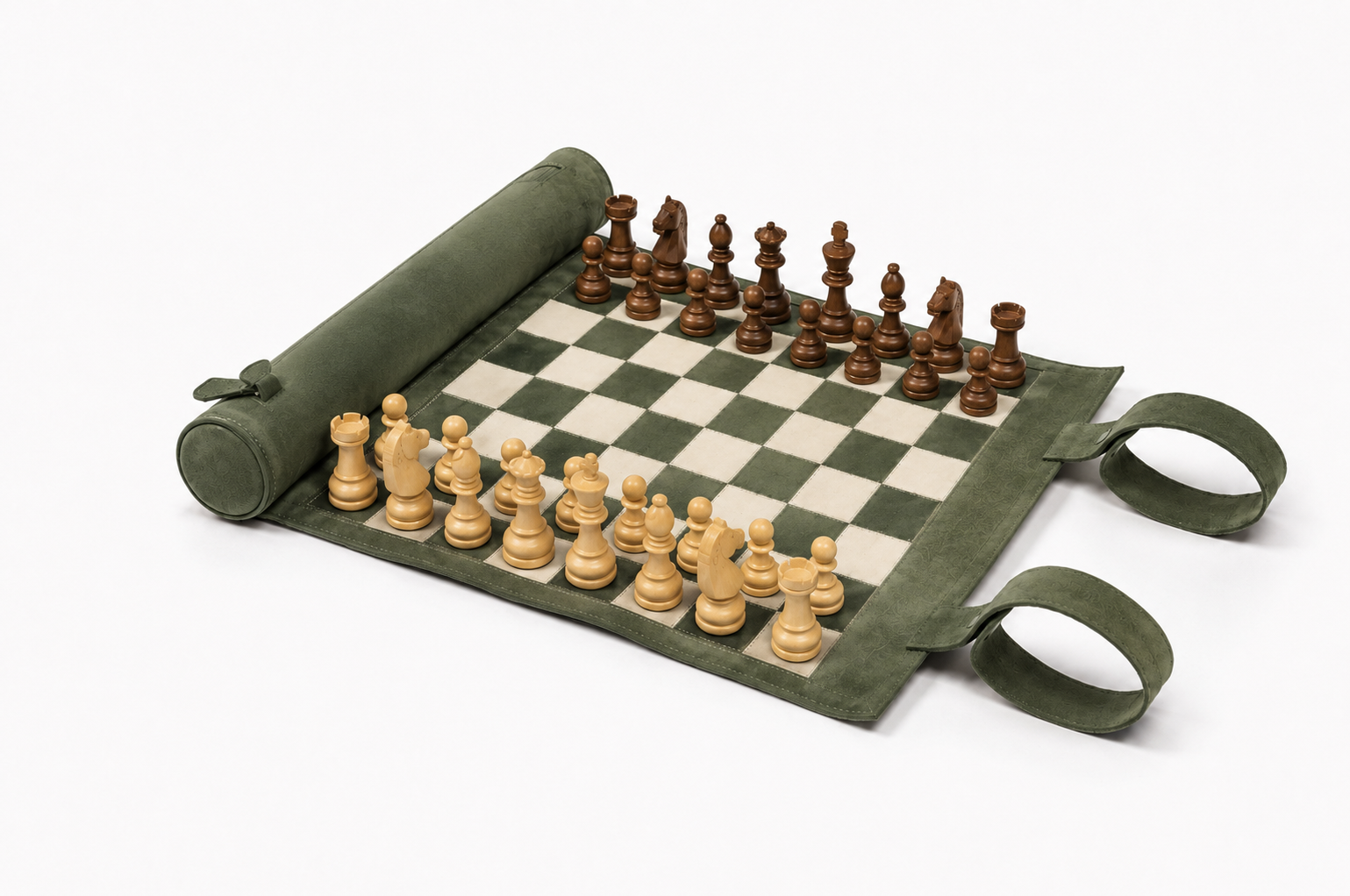 Celtics magnetic leather chess set with handcrafted wooden chess pieces opened flat