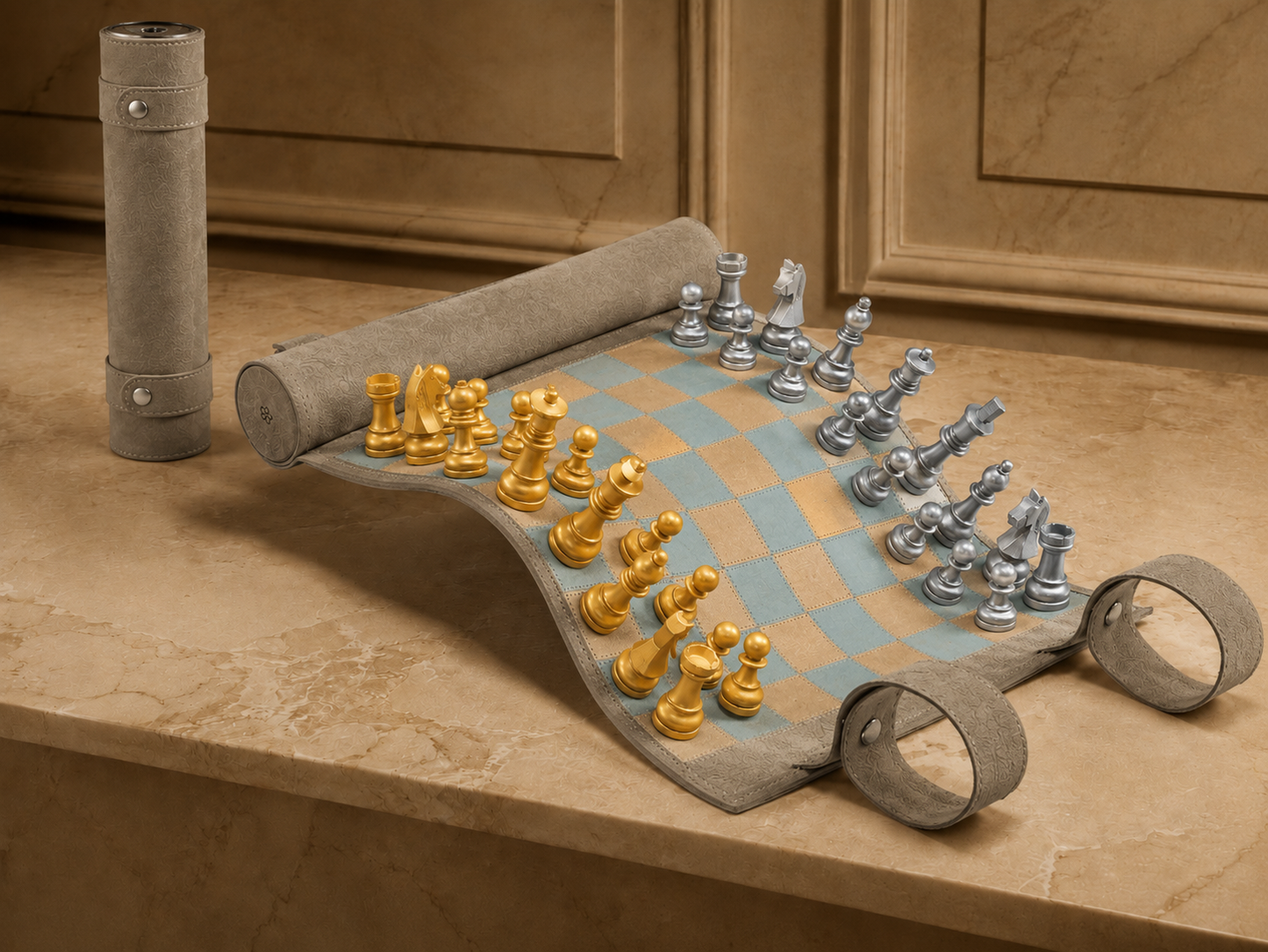 Roll-Up-Schachspiel aus magnetischem Leder – limitierte Edition „Champagne“