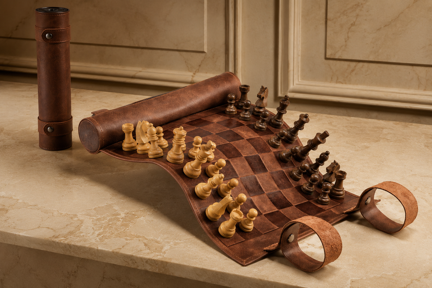 Magnetisches Leder-Rollschachspiel – Klassisches Braun