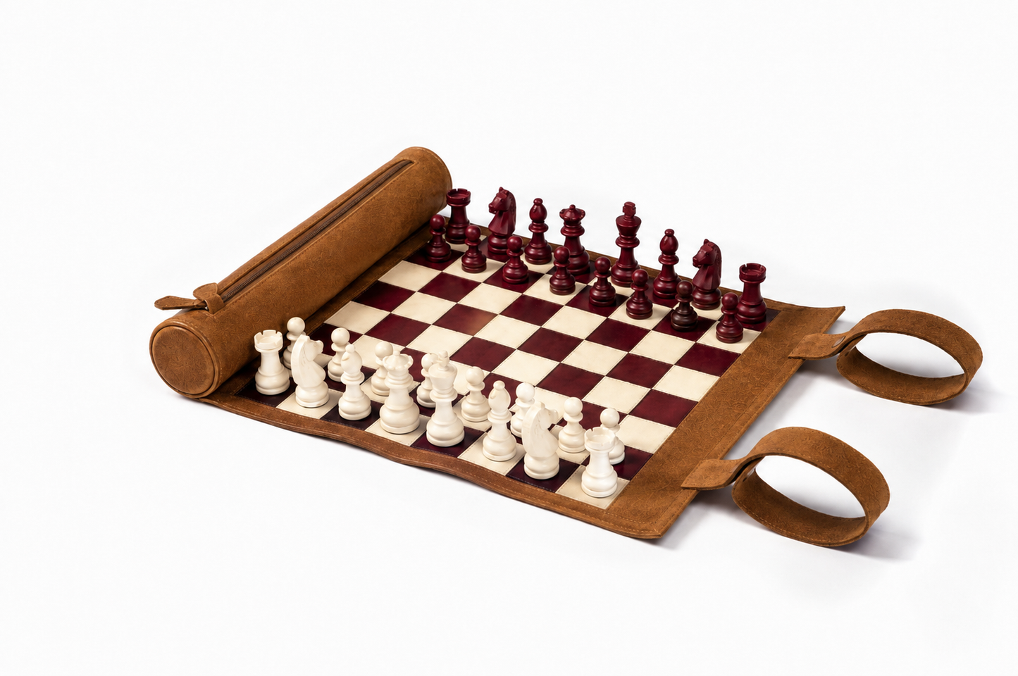 Aufrollbares magnetisches Schachspiel aus Leder – Whiskey