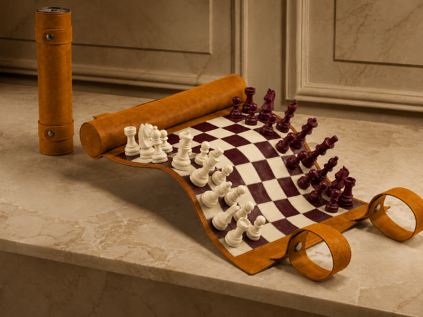 Aufrollbares magnetisches Schachspiel aus Leder – Whiskey