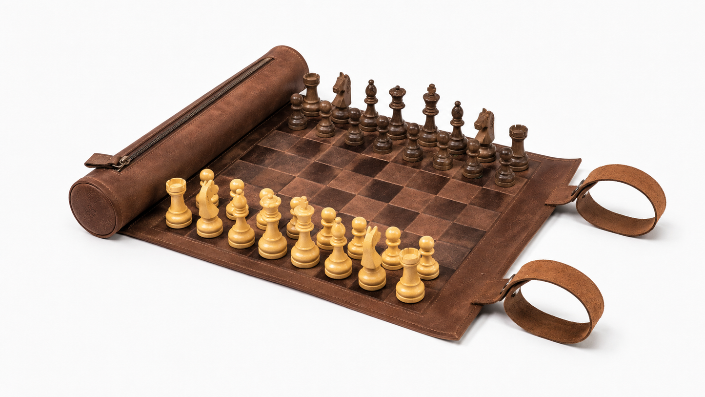 Magnetisches Leder-Rollschachspiel – Klassisches Braun