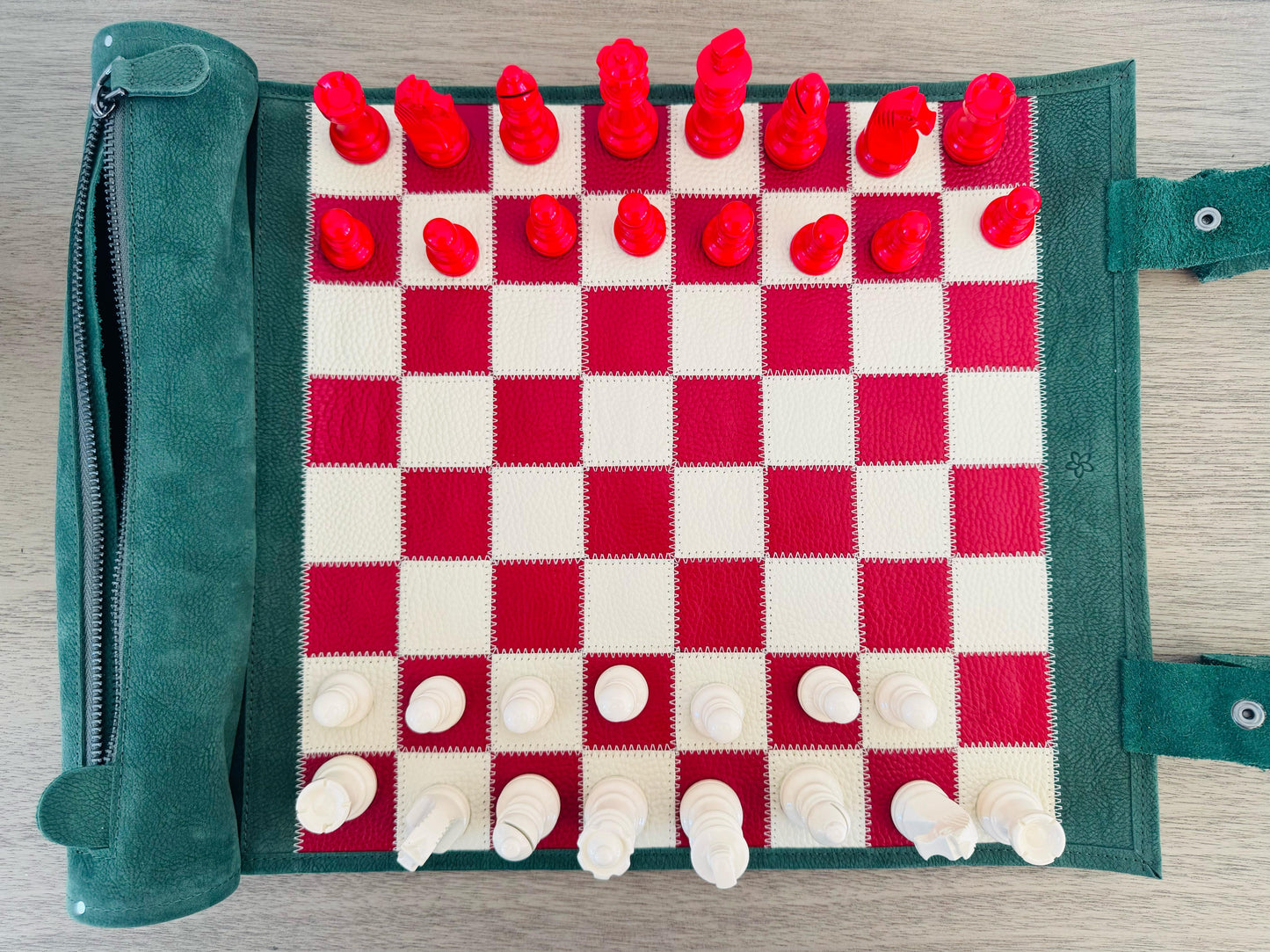 Top view of the Bella Italia magnetic leather chess board