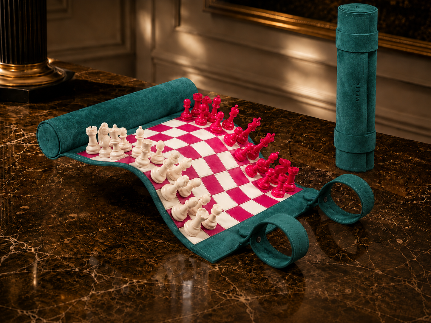 Bella Italia luxury magnetic leather chess set displayed in an elegant interior