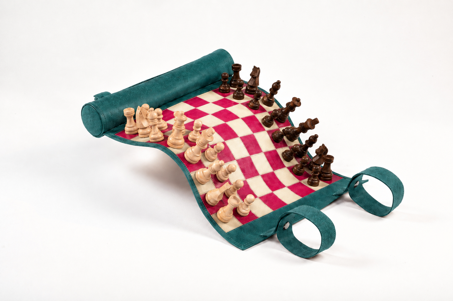Portable Bella Italia leather chess board with handcrafted magnetic chess pieces