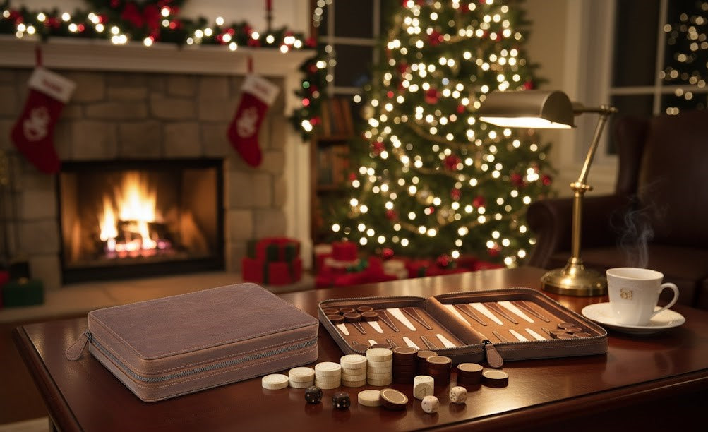 Backgammon Deluxe Foldable Leather Set - Tobacco