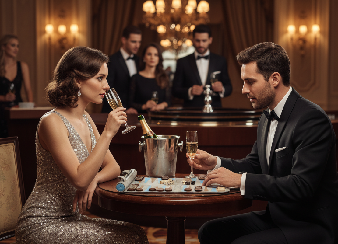 Man and woman in formal attire playing a board game in an elegant room.