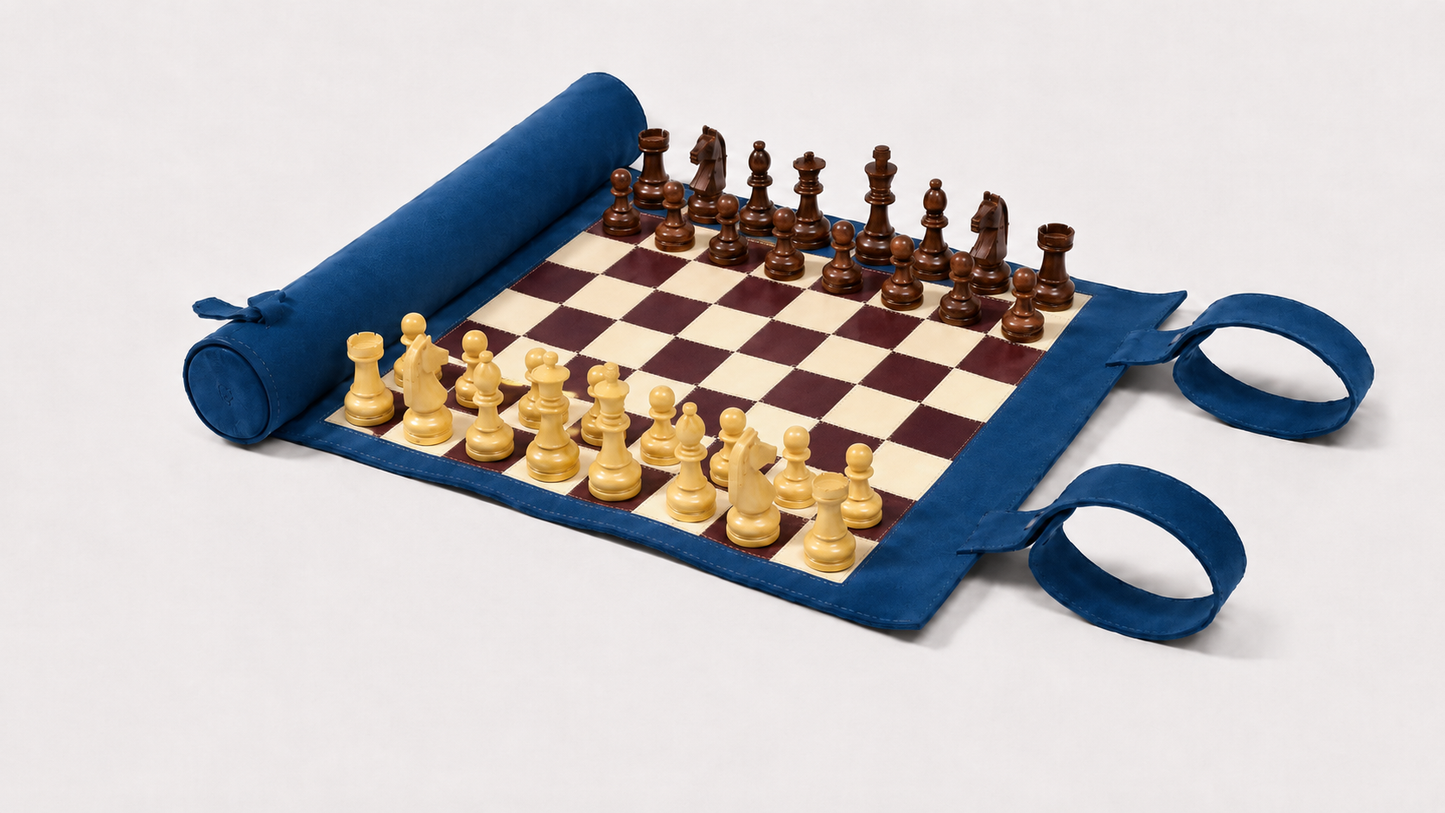 Luxury French-inspired leather chess board ready for play