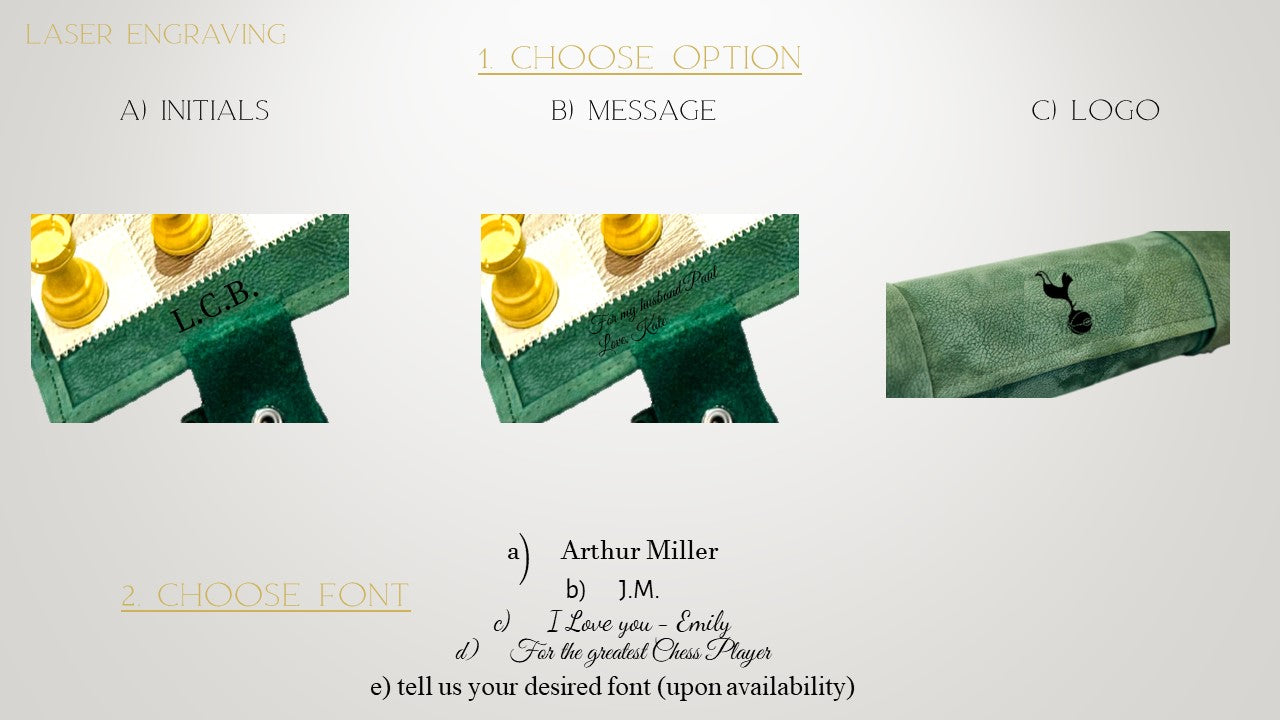 engraving specifications for the MELIA Grande Dame magnetic leather chess set