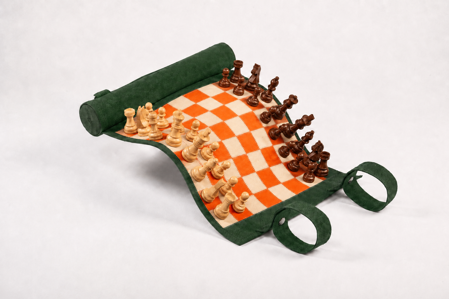 Handcrafted green nubuck magnetic chess set by MELIA Games