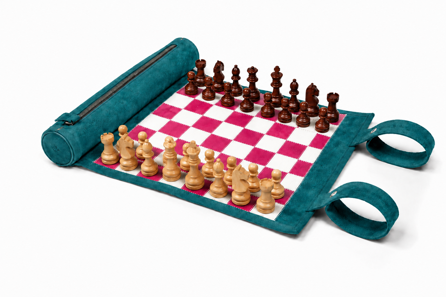 Luxury Italian-inspired leather chess board ready for play