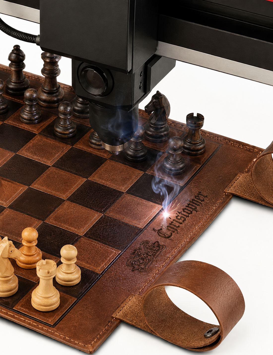 Precision laser engraving on a handcrafted luxury leather chess set with personalized name engraving by MELIA Games.