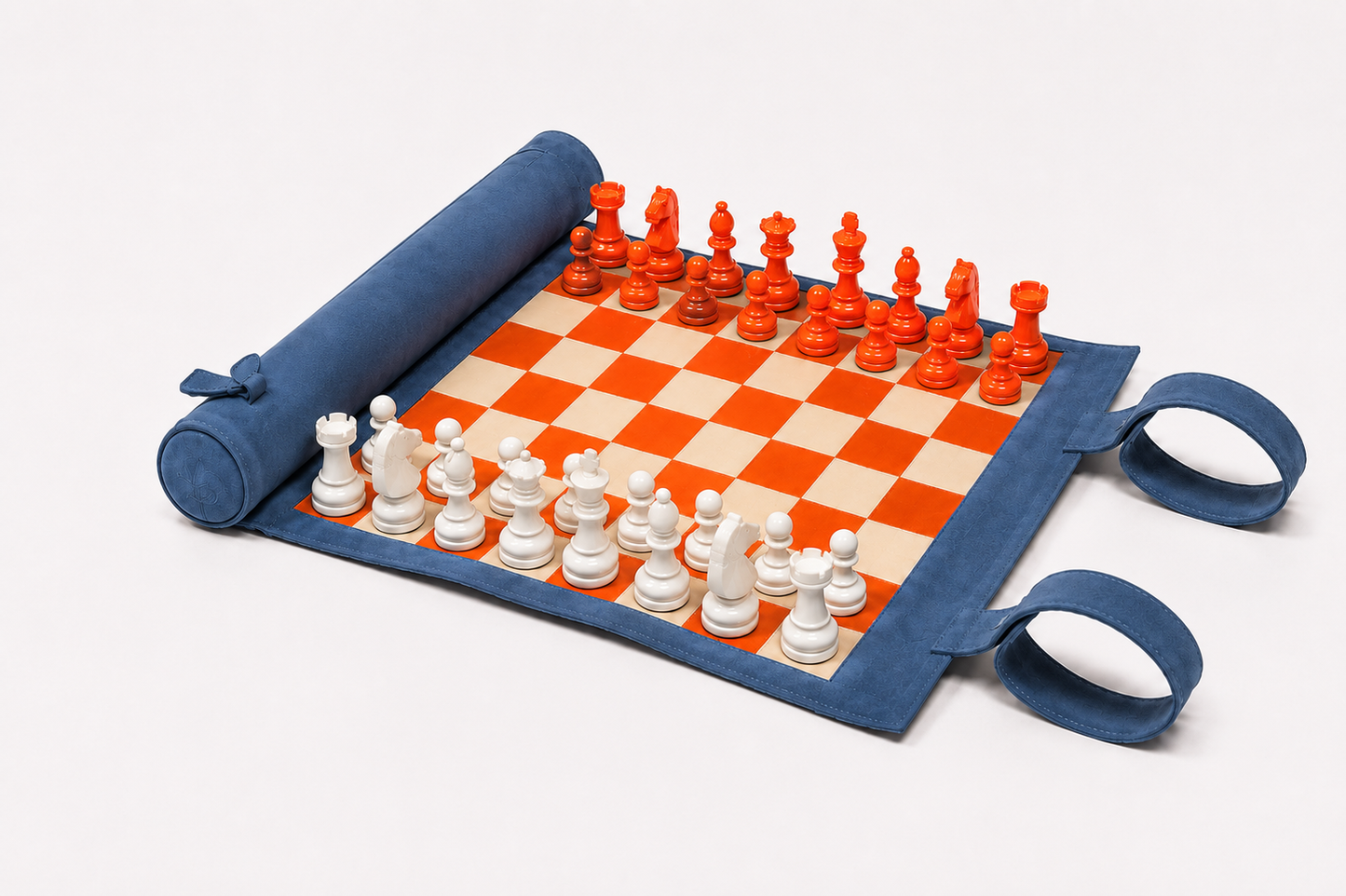 Premium leather storage compartment with orange magnetic chess pieces