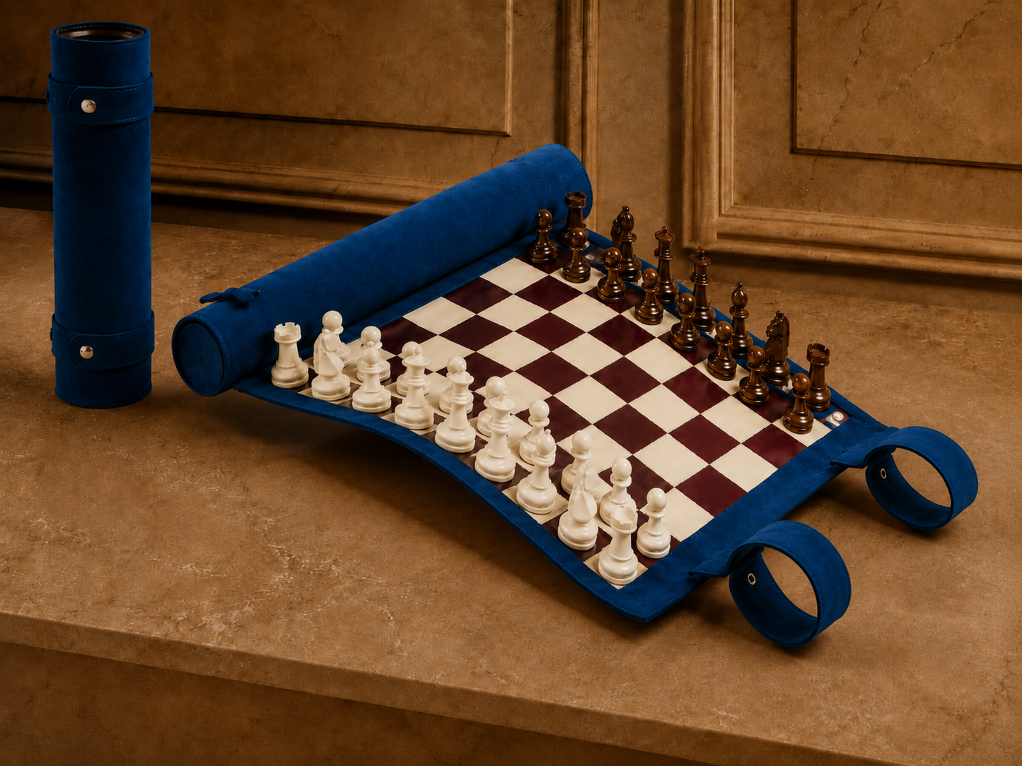 Les Bleus luxury magnetic leather chess set displayed in an elegant French-inspired interior