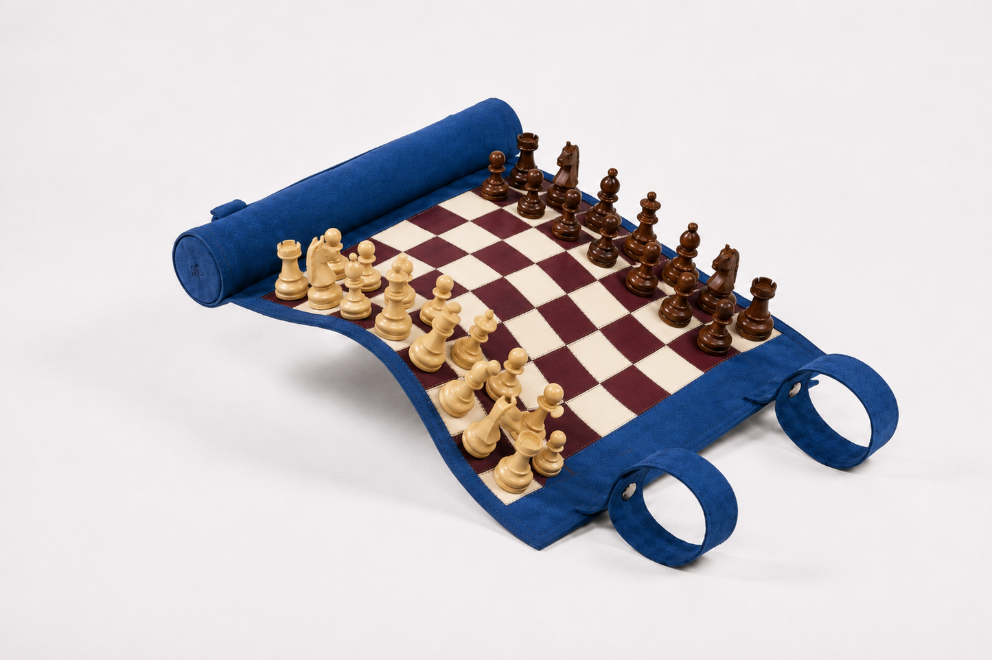 Portable Les Bleus leather chess board with handcrafted magnetic chess pieces