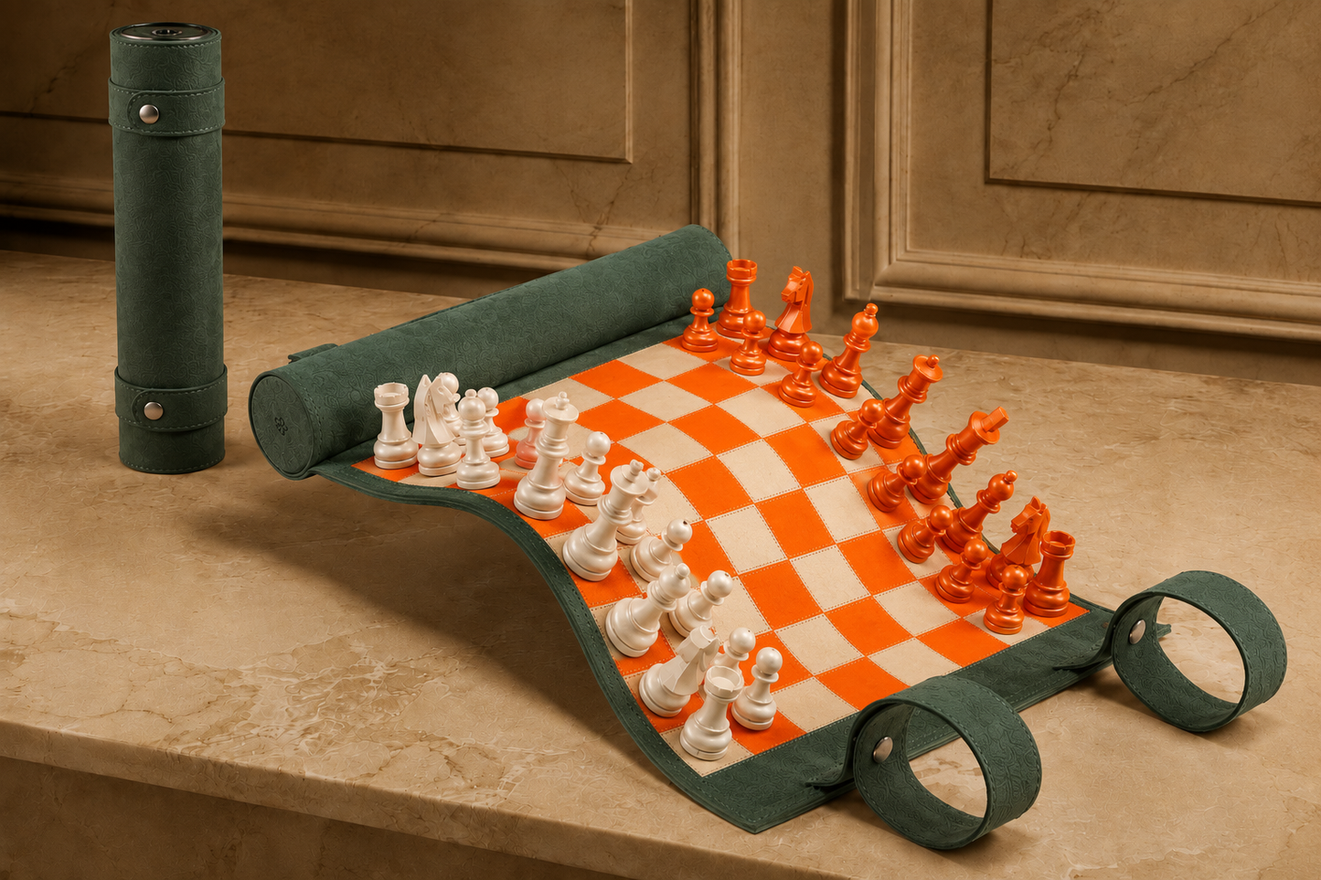 Eire luxury magnetic leather chess set displayed in an elegant interior