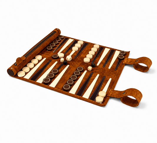 Handcrafted luxury leather backgammon set by MELIA with premium wooden playing pieces