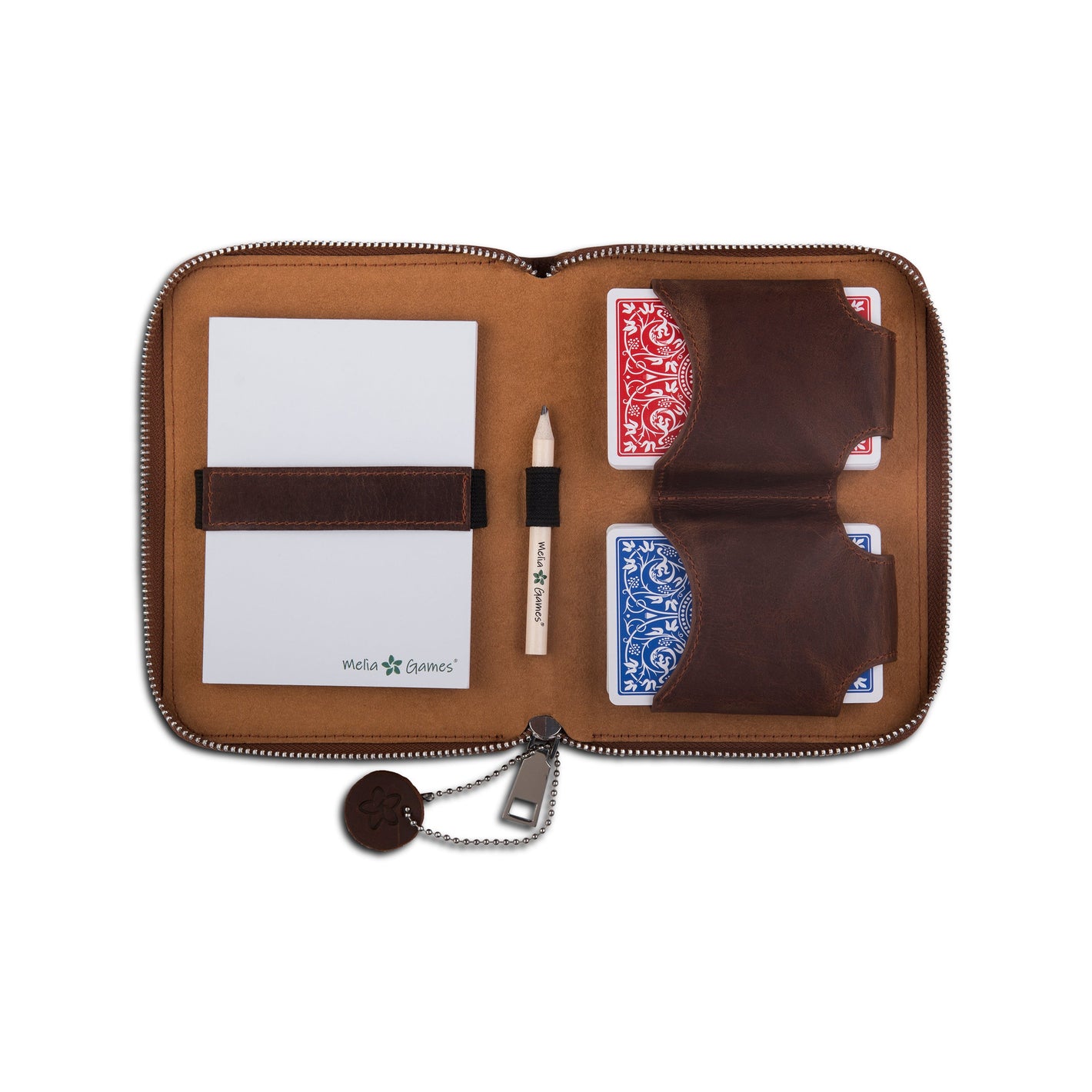 Premium leather playing card set by MELIA with two decks and luxury travel case
