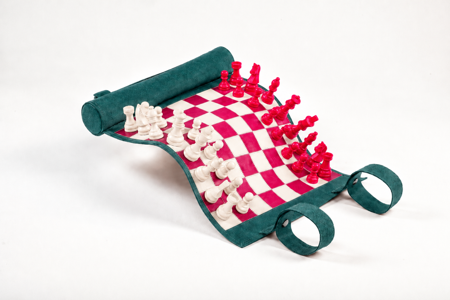 Roll-Up Magnetic Leather Chess Set Bella Italia in teal green nubuck leather with red and ivory magnetic chess pieces