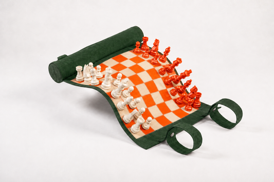 Roll-Up Magnetic Leather Chess Set Eire in green nubuck leather with orange and ivory magnetic chess pieces