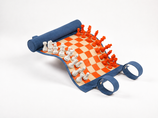 Roll-Up Magnetic Leather Chess Set Tropicana in blue nubuck leather with orange and ivory magnetic chess pieces