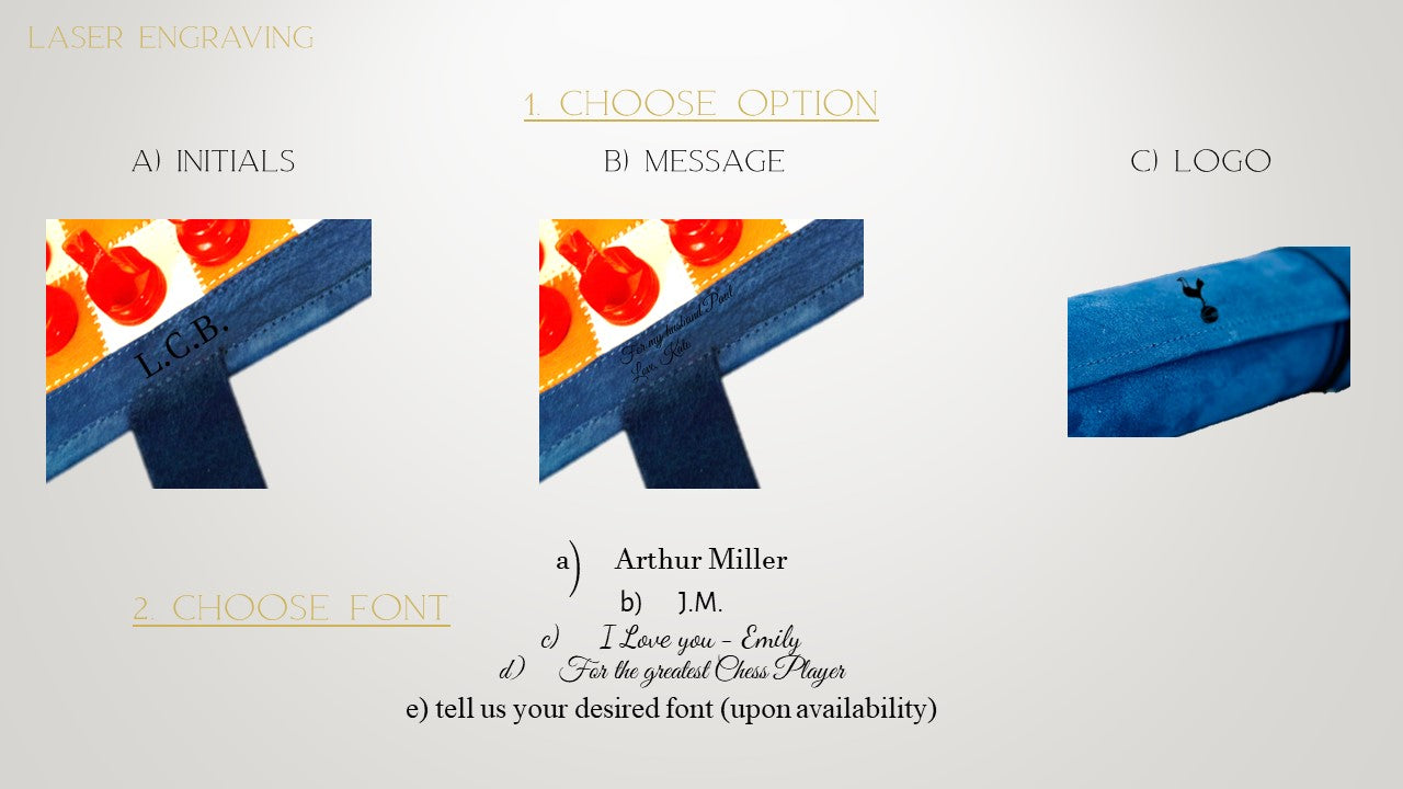 Available engraving options of the MELIA Tropicana Chess Collection