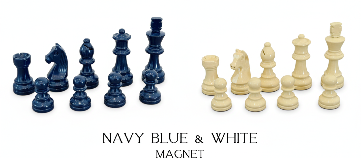Optional navy and ivory hand-lacquered magnetic chess pieces for the Ocean Blue edition