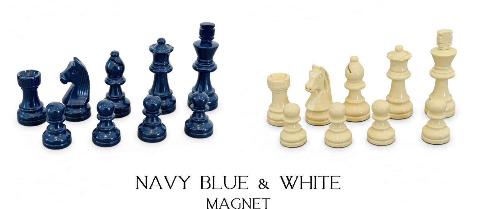 Optional navy and ivory hand-lacquered magnetic chess pieces for the Ocean Blue edition