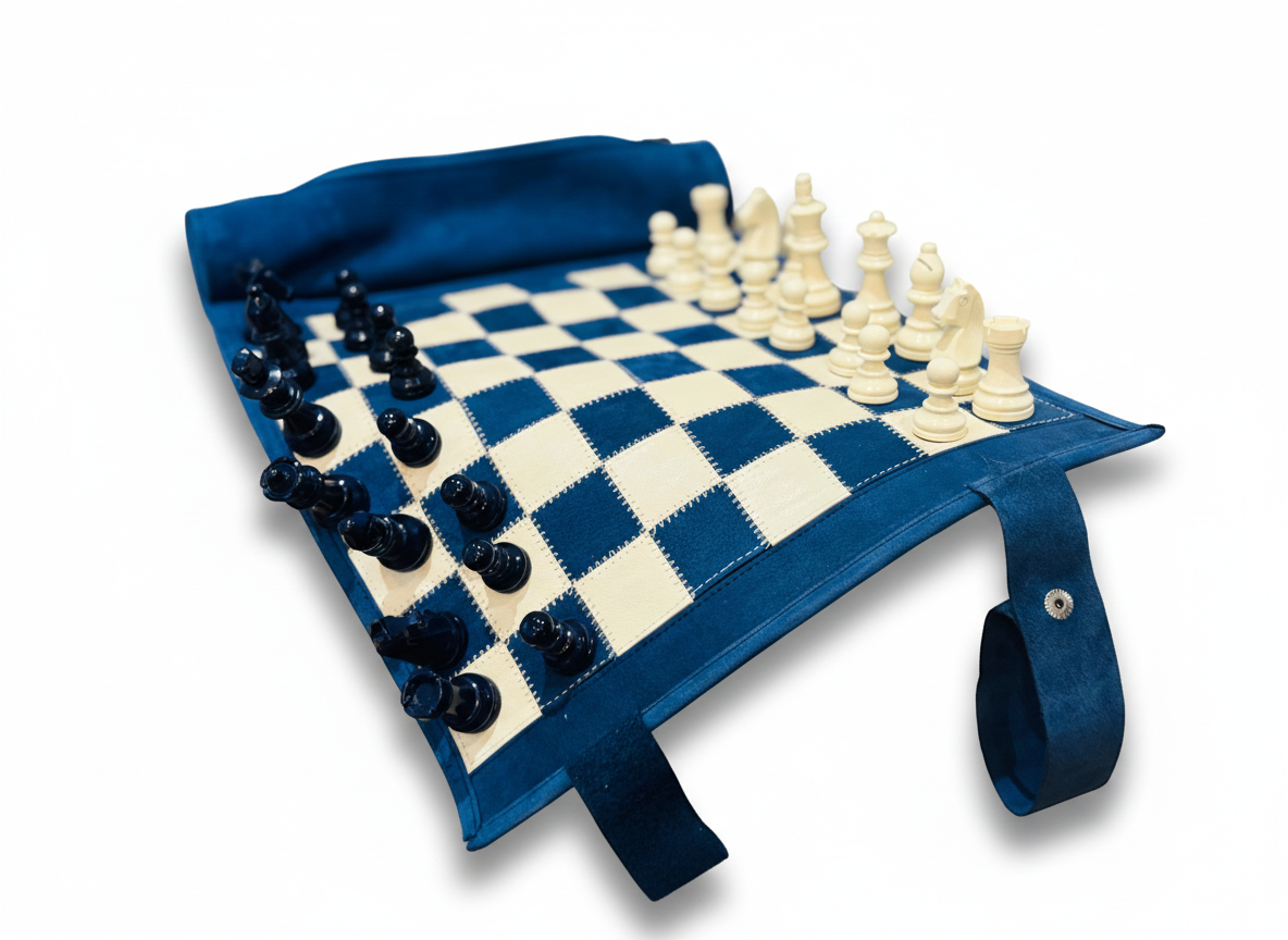 Roll Up Magnetic Leather Chess Set - Ocean Blue