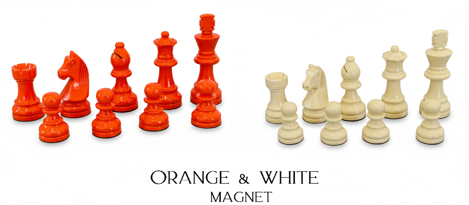 Optional orange and ivory handcrafted wooden chess pieces for the Eire and tropicana edition
