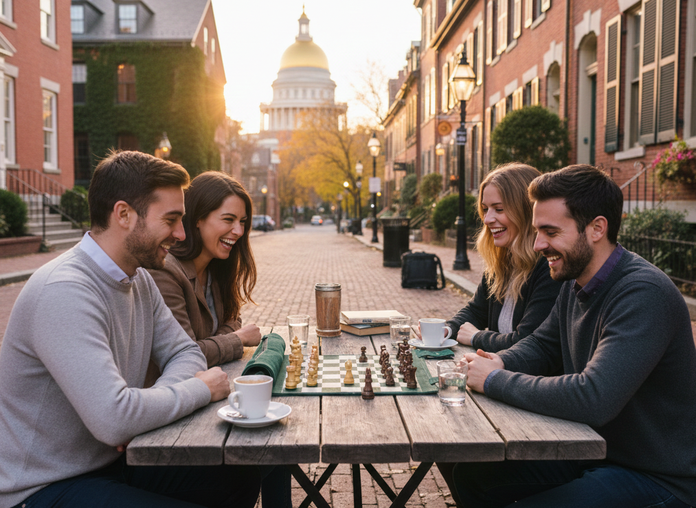 Friends playing the MELIA Celtics magnetic leather chess set outdoors