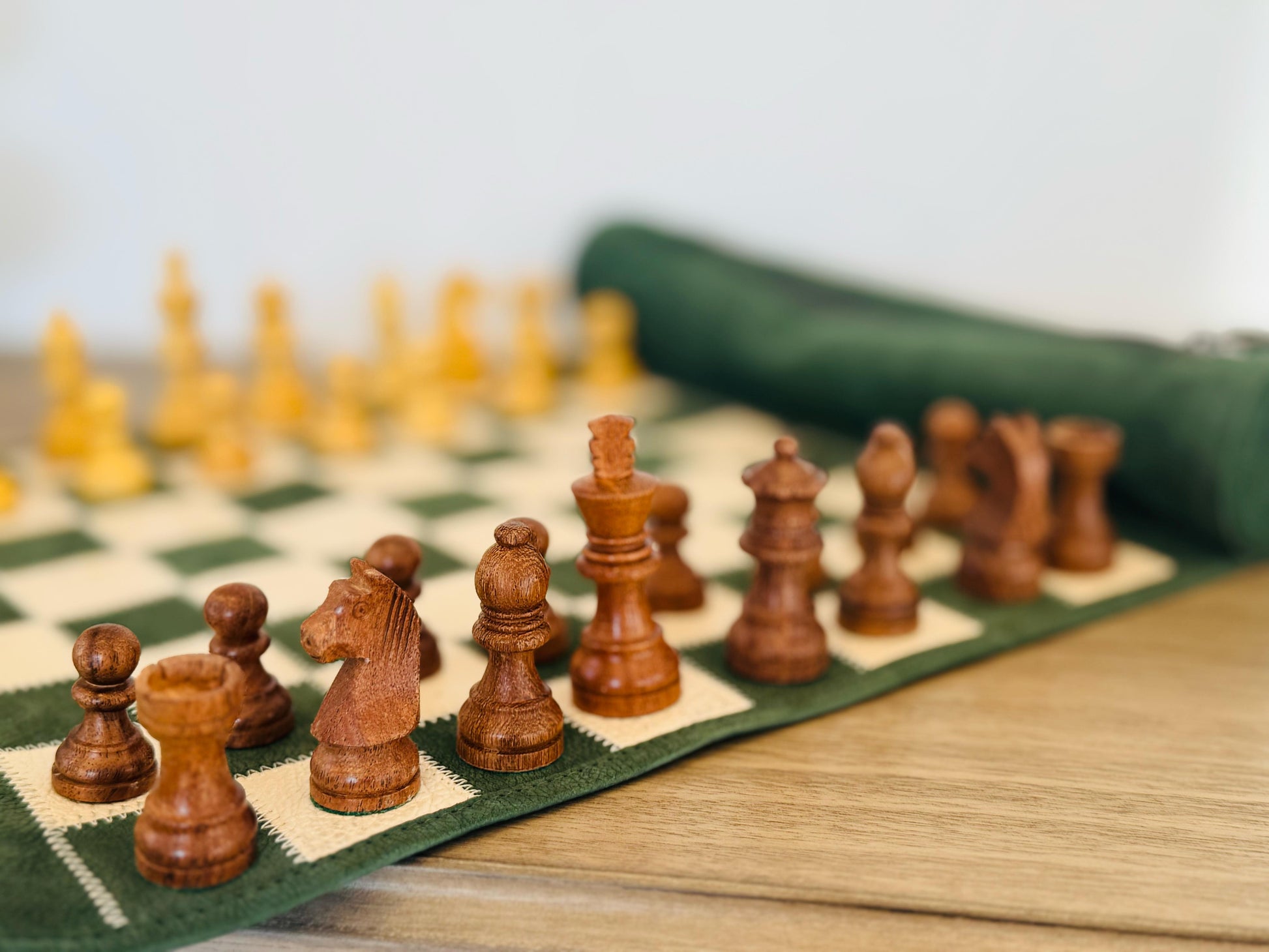 Close-up of handcrafted magnetic chess pieces