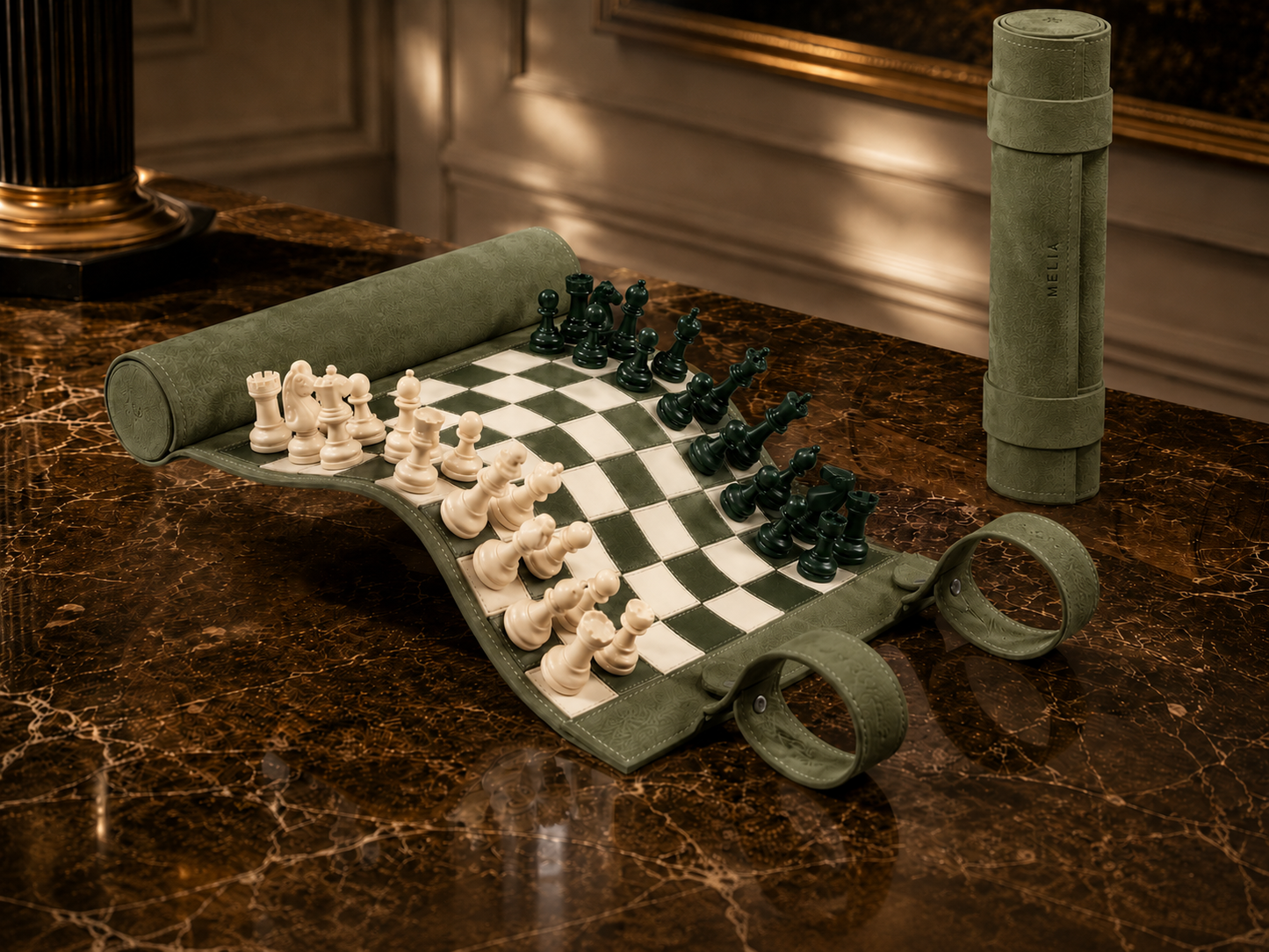 Celtics magnetic leather chess set displayed in an elegant interior