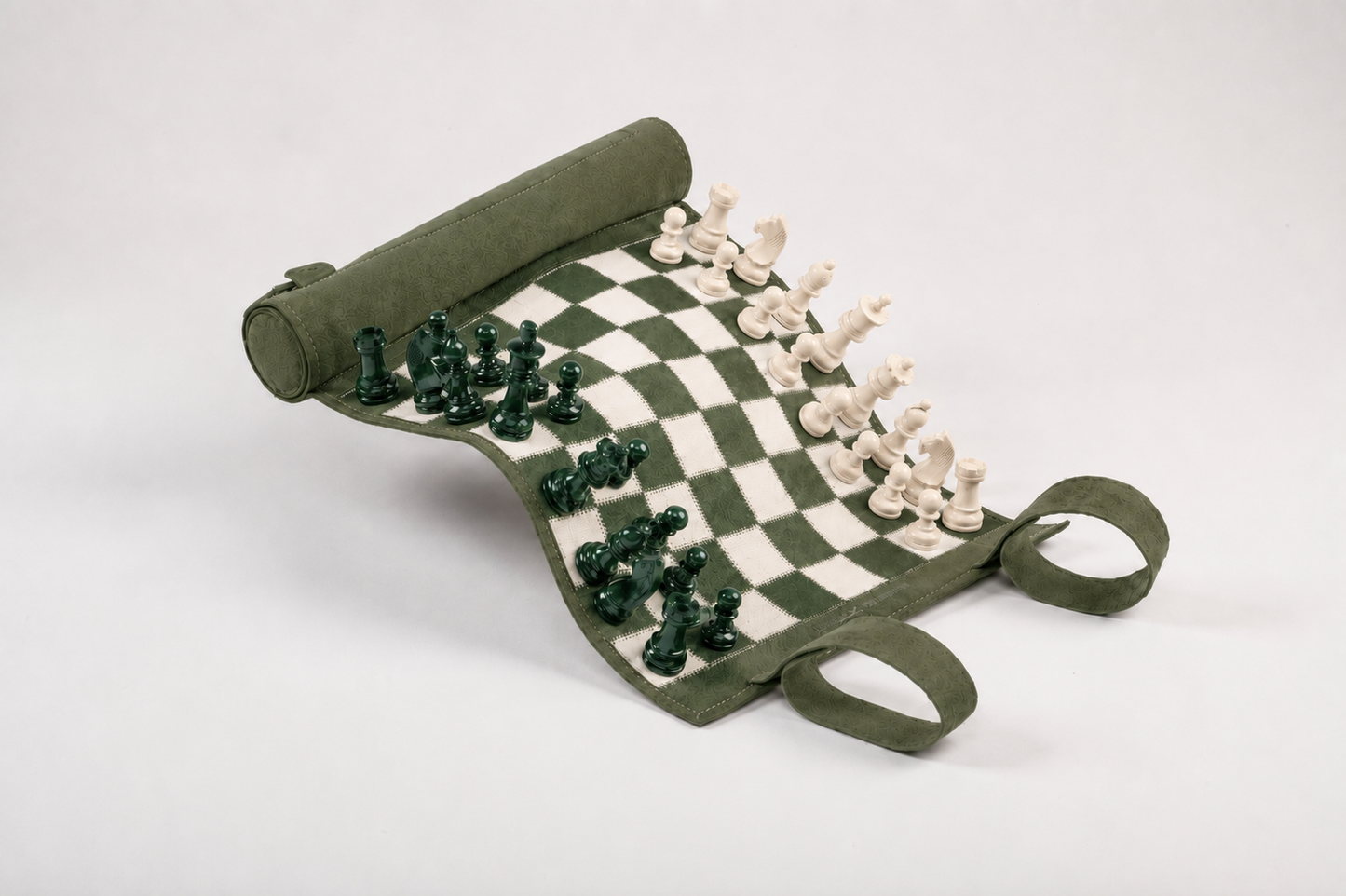 Roll Up Magnetic Leather Chess Set Celtics handcrafted in premium green nubuck leather