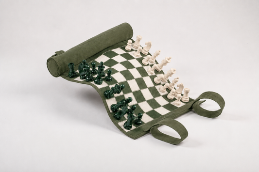 Roll Up Magnetic Leather Chess Set Celtics handcrafted in premium green nubuck leather